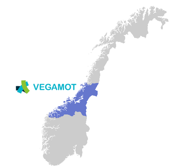 Norgeskart som viser hvilken region Vegamot har bomstasjoner.  